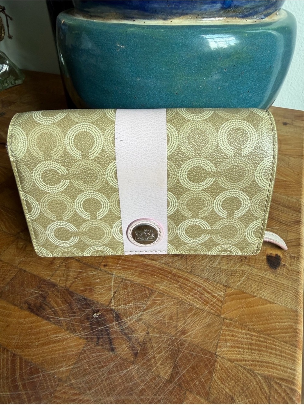 Coach Signature Canvas Wallet in Gold with Pale Pink Trim